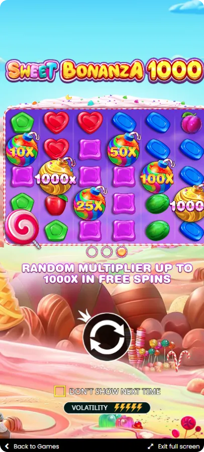 Kolorowy interfejs gry Sweet Bonanza 1000 z motywem słodyczy i owocami na siatce 6×5