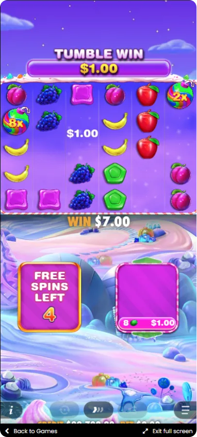 Mechanika Tumble w Sweet Bonanza 1000 z animacją spadających symboli po wygranych