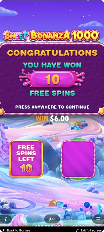 Runda bonusowa w Sweet Bonanza 1000 z free spinami i mnożnikami Candy Bomb do 1000x