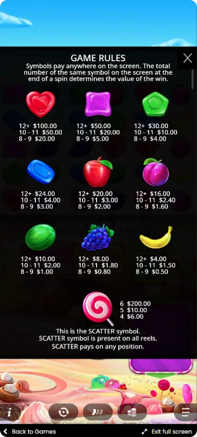 Tabela wypłat gry Sweet Bonanza 1000 pokazująca symbole i wypłaty za 8, 10 i 12+ identycznych ikon
